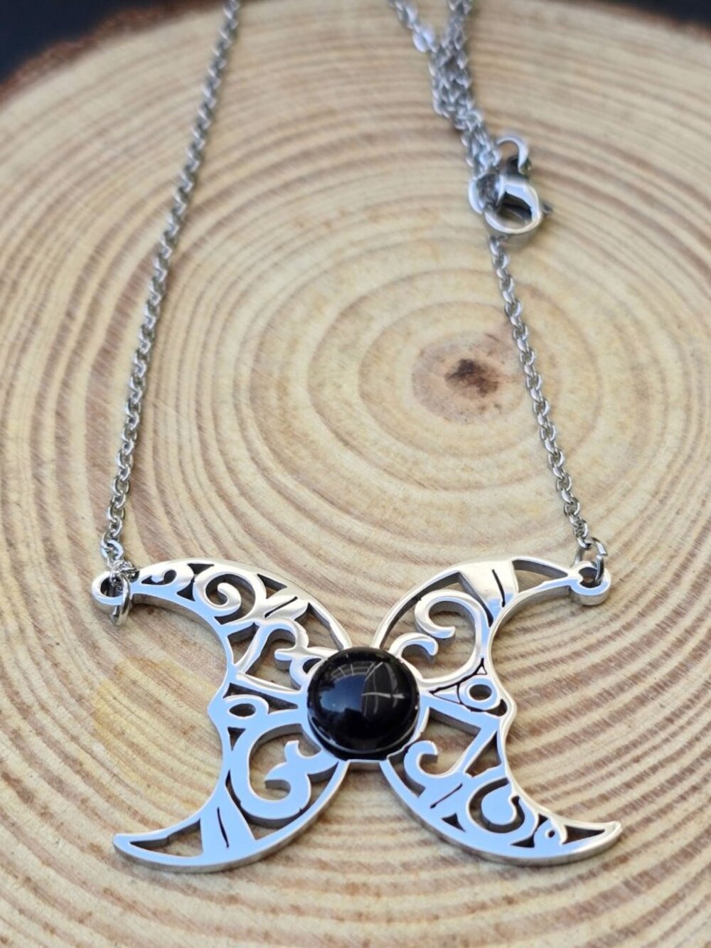 Crescent Moon ✦ Hematite Filigree Pendant ✦ Gothic Celestial Alt Necklace NWT - Picture 5 of 6